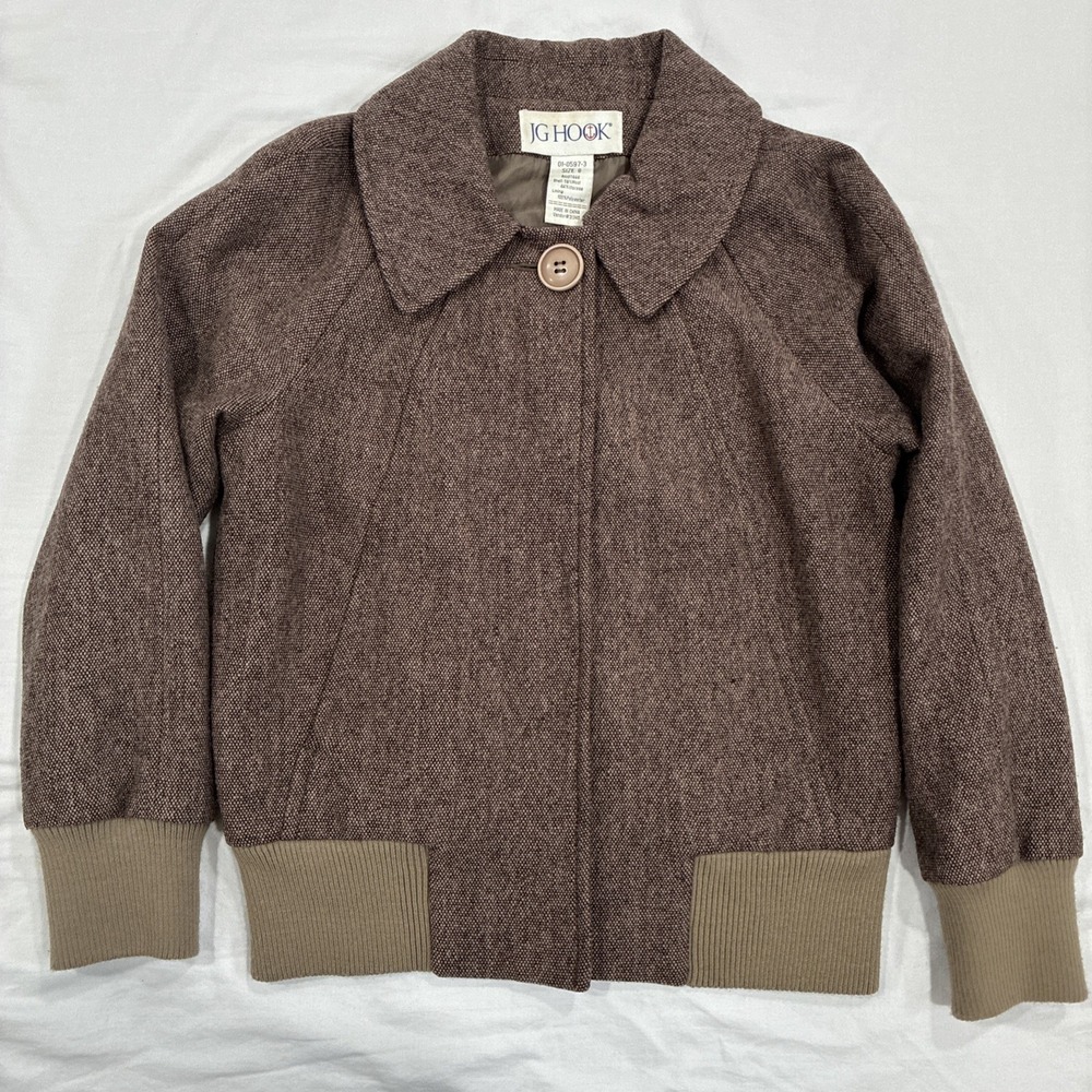 Vintage 80's JG Hook Wool Blend Bomber Jacket Women's Size 8 Brown Snap Closure